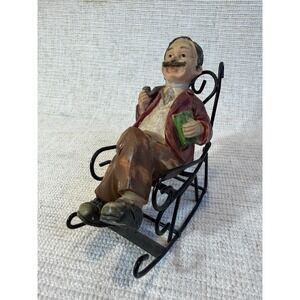 Vintage Man in Rocking Chair Figurine Reading Pipe Library Decor
